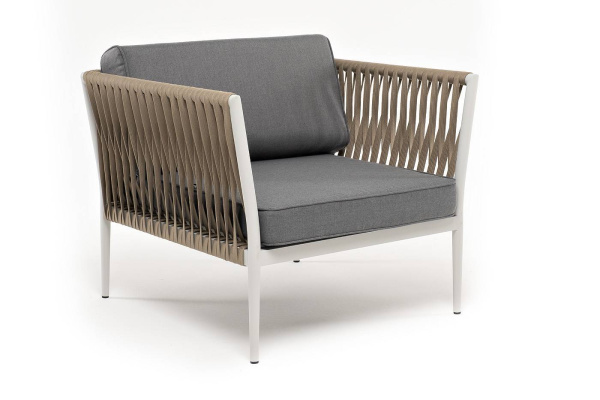 Кресло из роупа, Касабланка, каркас алюминий светло-серый муар,роуп серо-коричневый 23мм,ткань серая