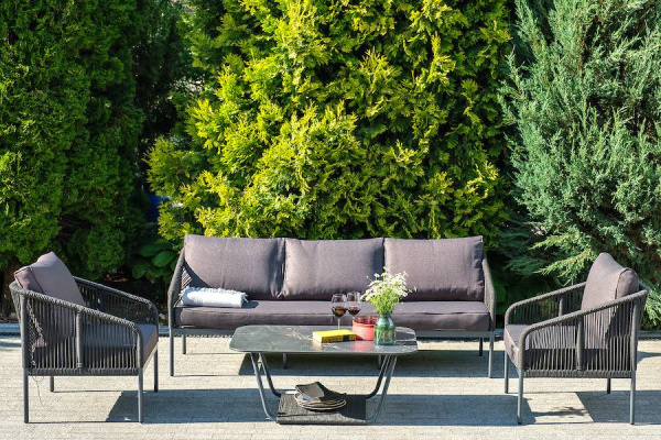 Диван 3-местный из роупа, Канны,каркас алюм темно-серый муар,роуп темно-серый круг,ткань темно-серая