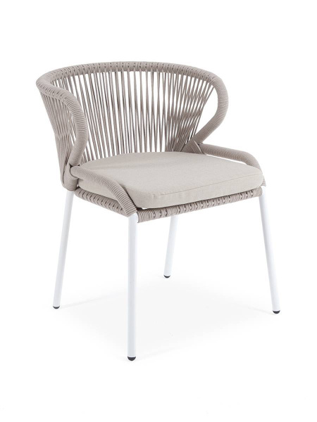 Стул из роупа, Милан, каркас алюминий белый муар, роуп бежевый круглый, ткань бежевая