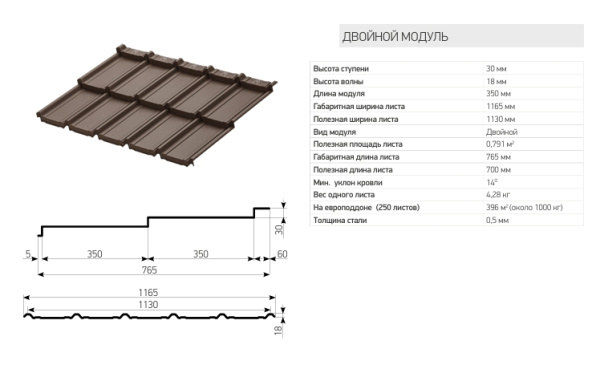 Модульная металлочерепица Aquasystem, Берген 1165х765 мм, 0.5 мм, Rooftop Кашемир, RR 32