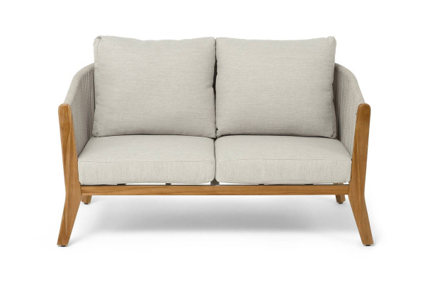 Диван 2-местный из роупа, Сидней, основание тик, каркас алюминий бежевый, роуп бежевый, ткань бежева