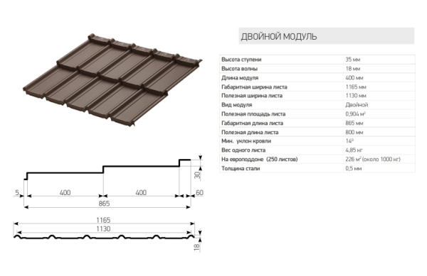 Модульная металлочерепица Aquasystem, Берген XXL 1165х865 мм 0.5 мм, Rooftop Кашемир, RR 32