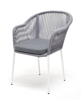 Стул из роупа, Лион, каркас - сталь белый муар, роуп светло-серый круглый, ткань светло-серая