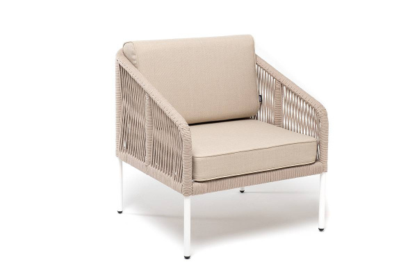 Кресло из роупа, Канны, каркас алюминий белый муар, роуп бежевый круглый, ткань бежевая 052