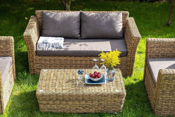 Диван 2-местный из искусственного ротанга /гиацинт/, Капучино соломенный