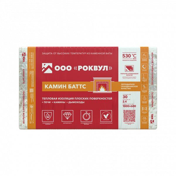 Rockwool Камин Баттс фольгированный 30х600х1000 мм, 2.4 м², 0.072 м³ уп