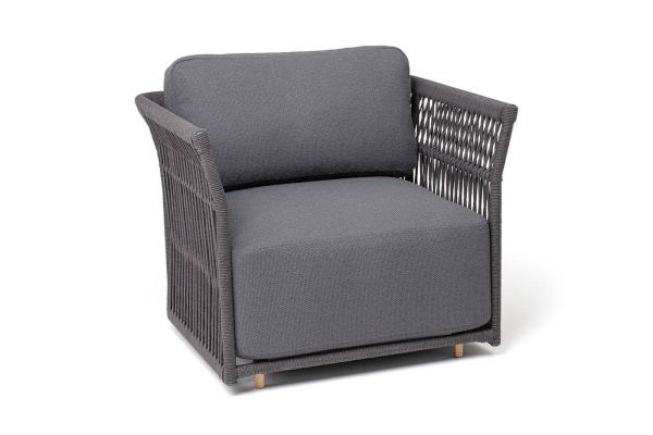 Кресло из роупа, Лугано, каркас алюминий темно-серый муар,роуп темно-серый круглый,ткань темно-серая