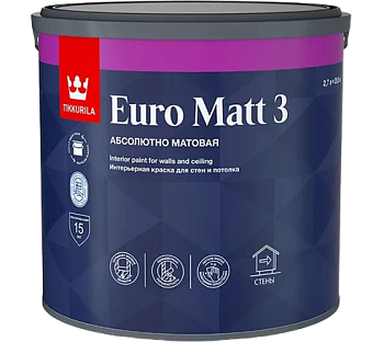 Краска интерьерная Tikkivala Euro Matt 3, гл/мат, база А, уп 0.9 л Цвет: белый