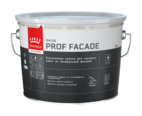 Краска фасадная Tikkivala Prof Facade, всесезонная, база КА, уп 9 л цвет: белый
