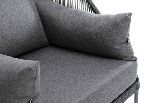 Кресло из роупа Мадрид, каркас алюминий темно-серый муар, роуп темно-серый круглый,ткань темно-серая