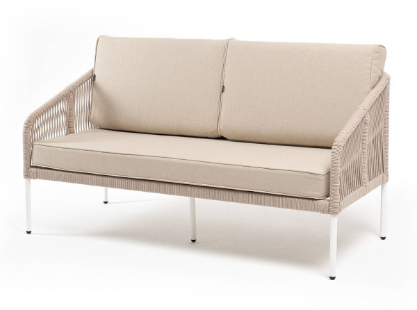 Диван 2-местный из роупа, Канны, каркас алюминий белый муар, роуп бежевый круглый, ткань бежевая 052