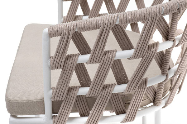Стул из роупа, Диего, каркас - сталь белый муар, роуп бежевый круглый, ткань бежевая 052