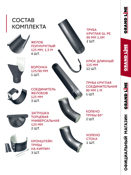 Комплект водостока Grand Line ПЭ 125/90 6м/3м, RAL 7024
