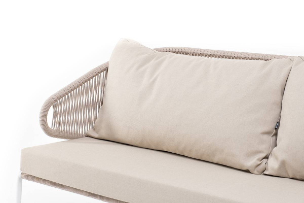 Диван 3-местный из роупа, Милан, каркас алюминий белый муар, роуп бежевый круглый, ткань бежевая