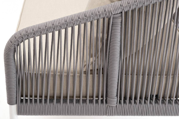 Диван 3-местный из роупа, Канны, каркас алюминий белый муар,роуп светло-серый круглый,ткань бежевая