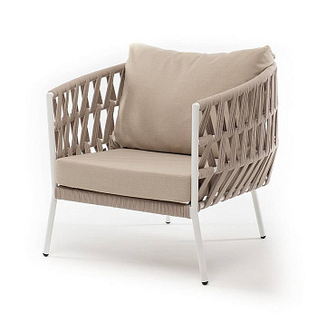 Кресло из роупа, Диего, каркас алюминий светло-серый шагрень, роуп бежевый круглый,ткань бежевая 052