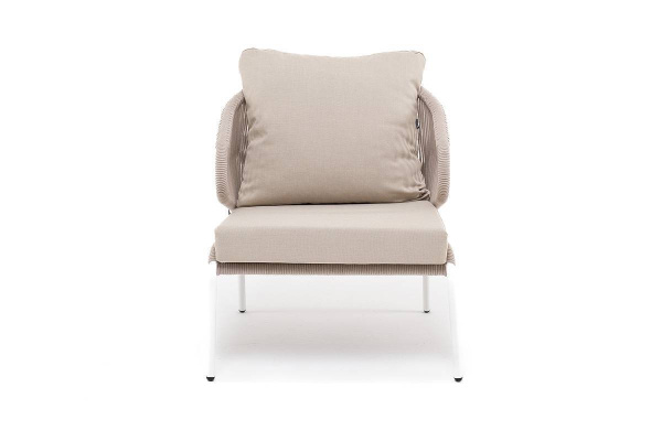 Кресло из роупа, Милан, каркас алюминий белый муар, роуп бежевый круглый, ткань бежевая 052