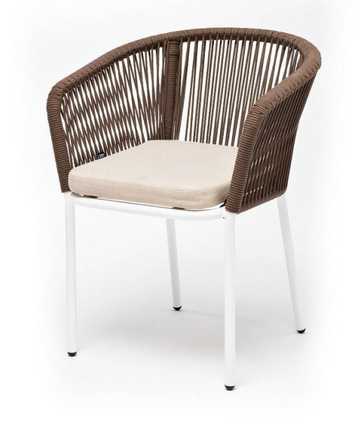Стул из роупа, Марсель, каркас алюминий белый муар, роуп коричневый круглый, ткань бежевая