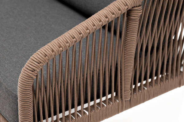 Диван 2-местный из роупа, Канны, каркас алюминий белый, роуп коричневый круглый, ткань серая
