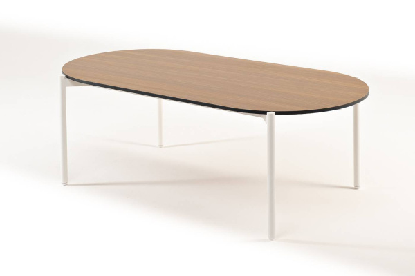 Стол из HPL, Диего, овальный 120х60 см H 40 см, каркас белый муар, цвет дуб