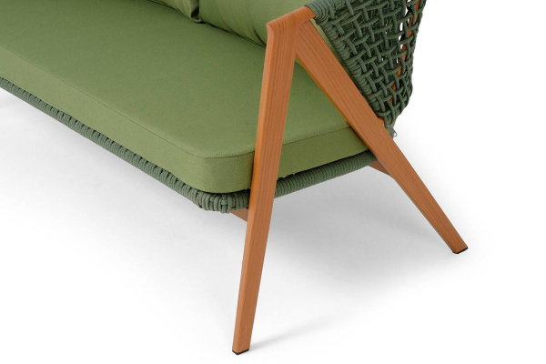 Диван 2-местный из роупа, Амстердам, каркас алюминий, роуп зеленый круглый, ткань зеленая