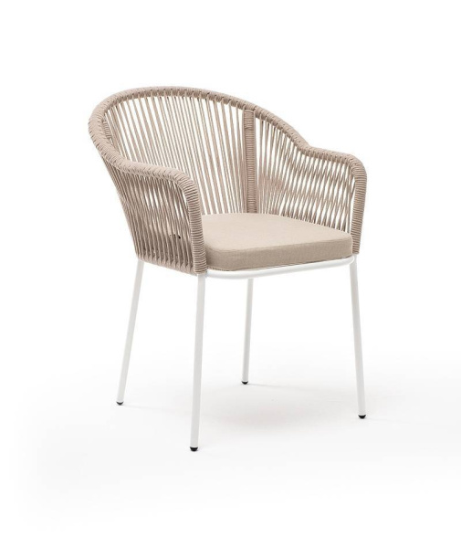 Стул из роупа, Лион, каркас - сталь белый муар, роуп бежевый круглый, ткань бежевая