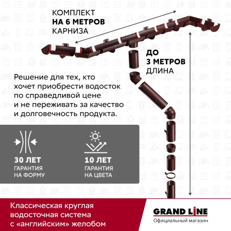 Комплект водосточной системы Классика 120 ПВХ Grand Line, 6 м/3м, шоколадный