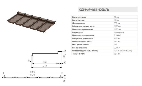 Модульная металлочерепица Aquasystem, Берген 1165х415 мм, 0.5 мм, Rooftop Бархат, RAL 8017