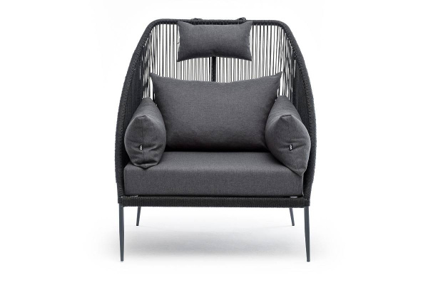 Кресло из роупа Мадрид, каркас алюминий темно-серый муар, роуп темно-серый круглый,ткань темно-серая