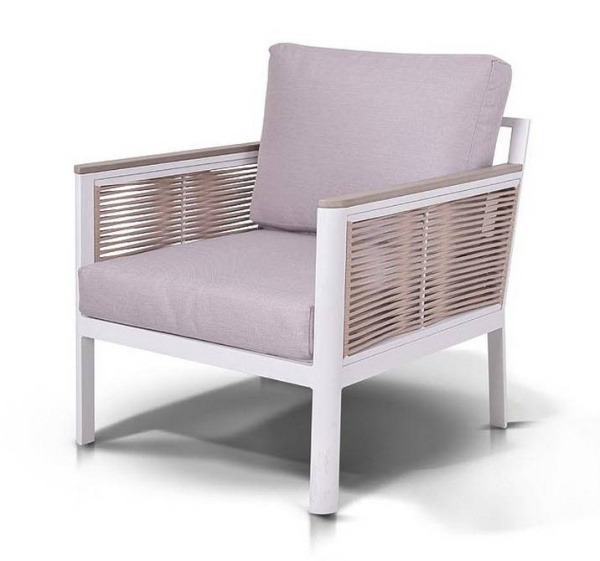 Кресло из роупа садовое, Сан Ремо, каркас алюминий белый, роуп бежевый, ткань бежевая