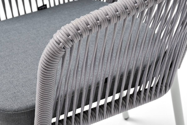 Стул из роупа, Марсель, каркас алюминий белый муар, роуп светло-серый круглый, ткань светло-серая