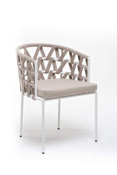Стул из роупа, Диего, каркас - сталь белый муар, роуп бежевый круглый, ткань бежевая 052