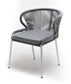 Стул из роупа, Милан, каркас алюминий белый муар, роуп светло-серый круглый, ткань светло-серая