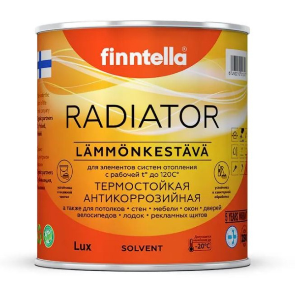 Краска Finntella, Radiator, алкидная для радиаторов полуглянцевая блеск 40, уп. 9 л колеровка