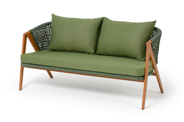 Диван 2-местный из роупа, Амстердам, каркас алюминий, роуп зеленый круглый, ткань зеленая