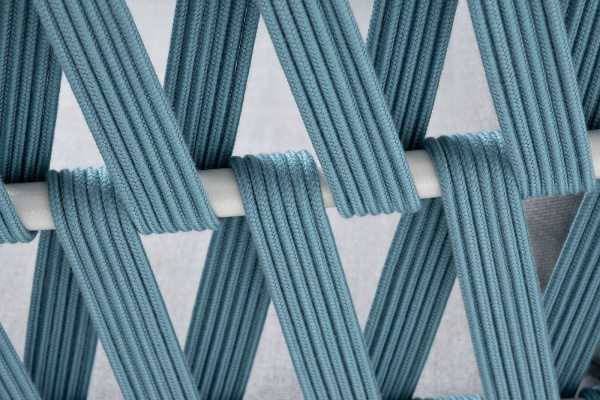 Кресло из роупа, Диего, каркас алюминий светло-серый муар, роуп бирюзовый круглый,ткань светло-серая