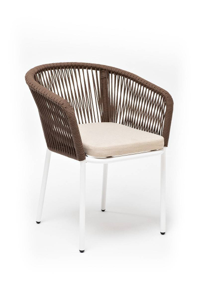 Стул из роупа, Марсель, каркас алюминий белый муар, роуп коричневый круглый, ткань бежевая
