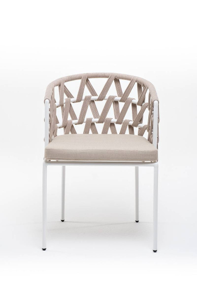 Стул из роупа, Диего, каркас - сталь белый муар, роуп бежевый круглый, ткань бежевая 052