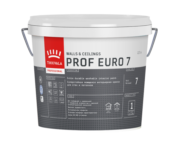 Краска интерьерная Tikkivala Prof Euro 7, стойкая к мытью, матовая, база А, уп 18 л Цвет: колеровка