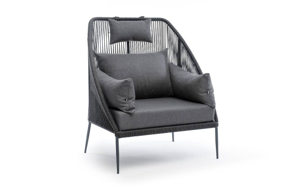 Кресло из роупа Мадрид, каркас алюминий темно-серый муар, роуп темно-серый круглый,ткань темно-серая