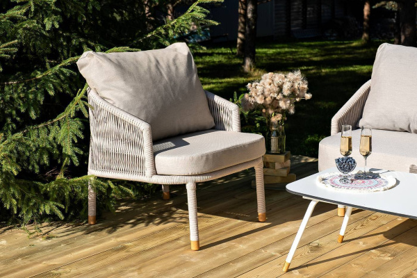 Кресло из роупа, Верона, каркас алюминий белый муар, роуп бежевый круглый, ткань бежевая