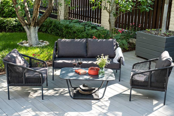 Диван 2-местный из роупа, Канны,карк алюм темно-серый муар,роуп темно-серый круг,ткань темно-серая