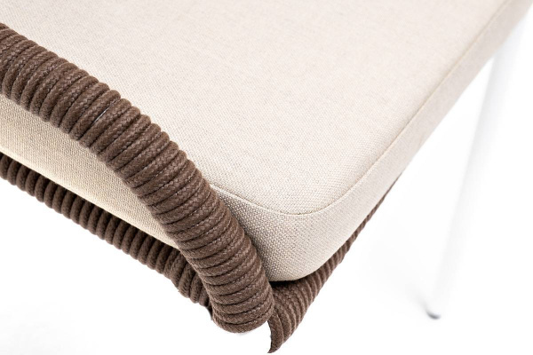 Стул из роупа, Милан, каркас алюминий белый муар, роуп коричневый круглый, ткань бежевая