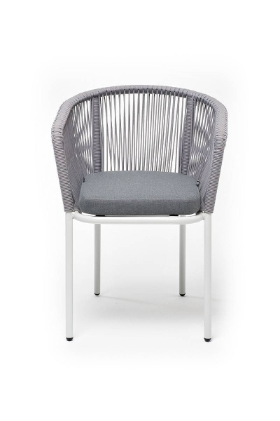 Стул из роупа, Марсель, каркас алюминий белый муар, роуп светло-серый круглый, ткань светло-серая