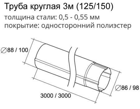 Труба круглая соединительная 1м, Grand Line Ø 90 мм PE Matt, RAL 8017