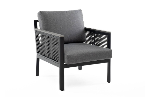 Кресло из роупа садовое, Сан Ремо, каркас алюминий темно-серый, роуп серый, ткань серая