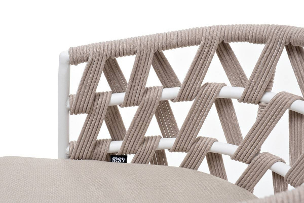 Стул из роупа, Диего, каркас - сталь белый муар, роуп бежевый круглый, ткань бежевая 052