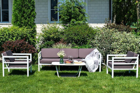 Диван 3-местный, Эстелья, алюминиевый каркас белый муар, ткань темно-серая