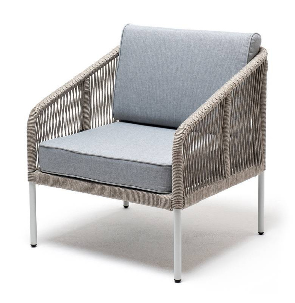 Кресло из роупа, Канны, каркас алюминий светло-серый муар, роуп светло-серый круг,ткань светло-серая