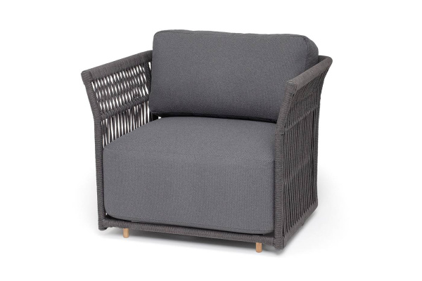 Кресло из роупа, Лугано, каркас алюминий темно-серый муар,роуп темно-серый круглый,ткань темно-серая